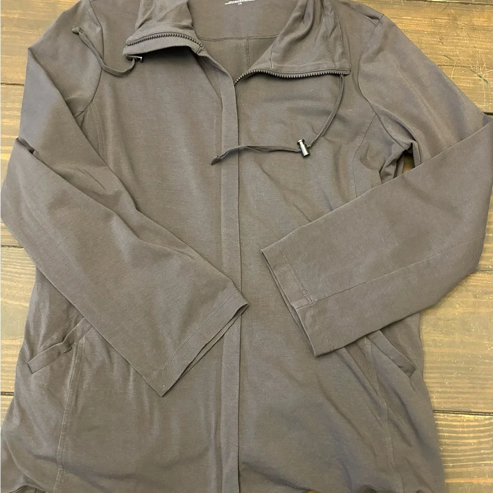 EILEEN FISHER Jacket L Organic Cotton Jersey Longline Hoodie Full Zip‎ Gray USA